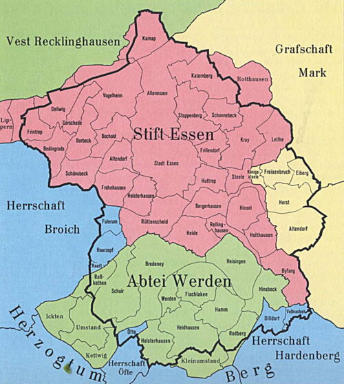 Karte der Abtei Werden in seiner Abgrenzung zum Gebiet des Fürstäbtissinenstiftes in Essen mit Bredeney an der oberen nördlichen Grenze.