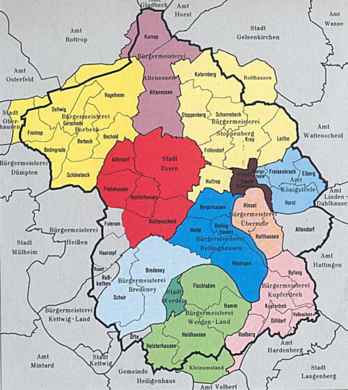 Die Karte von Essen im Jahre 1905 mit der eigenständigen Bürgermeisterei Bredeney mit Unterbredeney im linken unteren Zipfel Bredeneys.